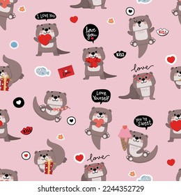 Happy Valentine's Day seamless pattern with cute otter, gift and red hearts. Animal in love holidays cartoon character wallpaper and background. -Vector