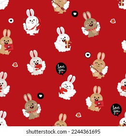 Happy Valentine's day seamless pattern with cute rabbit in cupid wings costume, heart and gift.  Animal in love holidays cartoon character wallpaper and background. - Vector