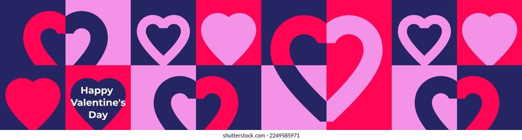 Happy Valentines Day seamless pattern for cards, posters, covers. Abstract minimal Love template in modern geometric style with hearts pattern for celebration, decoration, branding, web banner, header