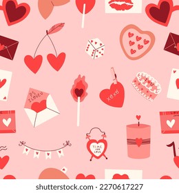 Happy Valentine's Day seamless pattern. Romantic elements and hearts.