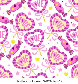Happy Valentine's Day seamless pattern with pink cute font and sweets, candies and hearts