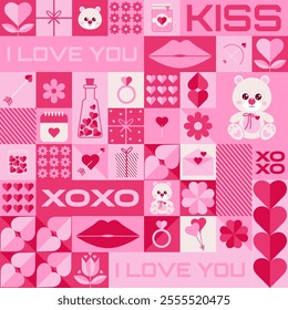 Happy Valentine's Day seamless pattern with holiday icons in modern geometric style. Trendy design for wrapping paper, textile, fabric, background, wallpaper.