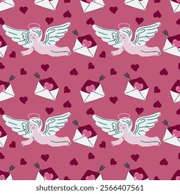 Happy Valentine's Day seamless pattern with pink hearts. Romantic vector background.