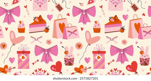 Happy Valentines Day Seamless pattern with Romantic objects like hearts, balloons, gifts, bow and sweets. Holiday decor. Trendy modern vector illustration on light background, hand drawn, flat design