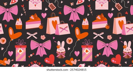 Happy Valentines Day Seamless pattern with Romantic objects like hearts, balloons, gifts, bow and sweets. Holiday decor. Trendy modern vector illustration on black background, hand drawn, flat design