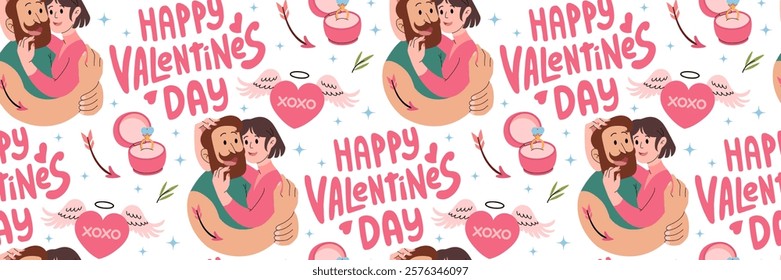 Happy Valentine's Day seamless pattern. Loving Couple hugging and Groovy lettering. Pink romantic Background. Engagement ring with diamond in pink box. For packaging, wallpaper. Vector illustration.