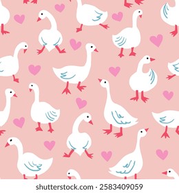 Happy Valentines day seamless pattern vector illustration with goose and pink hearts. Wrapping paper design to gift boxes or fabric design.