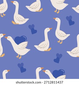 Happy Valentines day seamless pattern vector illustration with geese. Goose couple on violet background. Vector illustration	