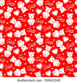 Happy Valentines Day seamless pattern. Vector illustration with teddy-bear, heart and love lettering.
