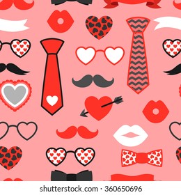 Happy valentines day seamless pattern. Hipster objects and love holiday symbols