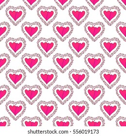 Happy Valentine's day seamless pattern with hearts and floral frames on white isolated background. Vector illustration ideal for web, greeting card, print, posters, banners and wallpaper.