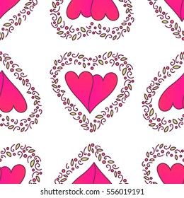 Happy Valentine's day seamless pattern with hearts and floral frames on white isolated background. Vector illustration ideal for web, greeting card, print, posters, banners and wallpaper.