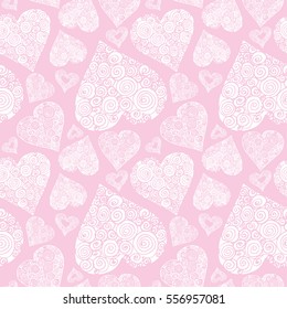 Happy Valentines day seamless pattern with decorative hearts on red background. Fabric texture