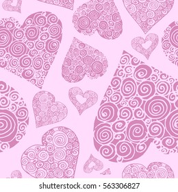 Happy Valentines day seamless pattern with decorative hearts on red background. Fabric texture