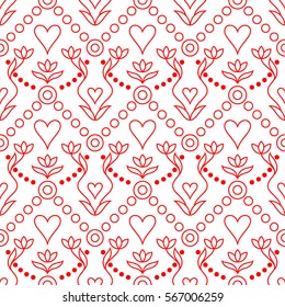 Happy Valentine's Day! Seamless pattern with hearts, flowers, dots and circles. Love and romantic background in white and red colors. Fancy ornament in linear style for printing on fabric or paper.