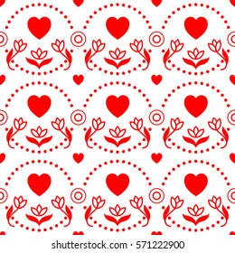 Happy Valentine's Day! Seamless pattern with hearts, flowers, dots and circles. Love and romantic background in white and red colors. Fancy ornament in linear style for printing on fabric or paper.