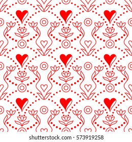 Happy Valentine's Day! Seamless pattern with hearts, flowers, dots and circles. Love and romantic background in white and red colors. Fancy ornament in linear style for printing on fabric or paper.