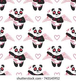 Happy Valentine's Day. Seamless pattern with panda and hearts. Funny animals. 