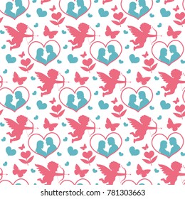 Happy Valentine's Day seamless pattern. Cute romantic love endless background. Cupid, heart repeating texture. Vector illustration
