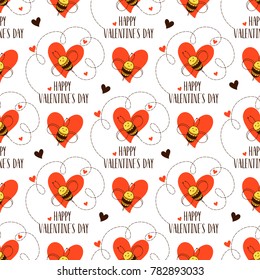 Happy Valentine's Day. Seamless pattern with bees and heart. Lovely background with insects. 