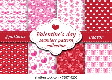 Happy Valentine's Day seamless pattern set. Collection Cute romantic love endless background. Heart repeating texture. Vector illustration