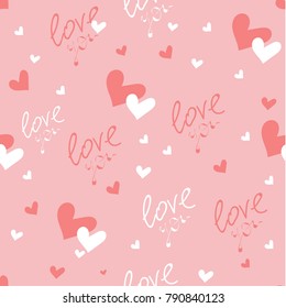 Happy Valentine's Day. Seamless pattern with hearts and text on a pink background. Vector design.