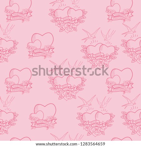 Happy Valentine's Day seamless pattern with old school tattoo style. Editable vector illustration