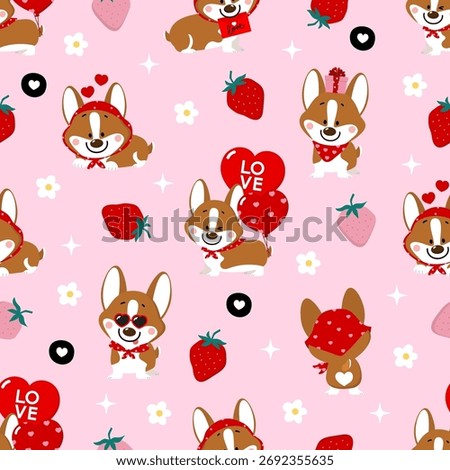 Happy Valentine's day seamless pattern with cute corgi puppy dog , strawberry and red heart. Pet animal in love holidays cartoon character wallpaper. -Vector