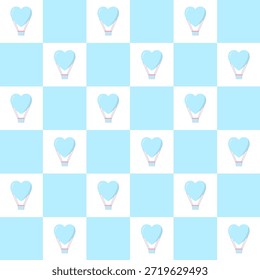 Feliz día de San Valentín sin patrón. Tablero a cuadros con globo de aire caliente en forma de corazón en azul pastel. Fondo de pantalla de ilustración gráfica de Vector lindo.
