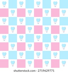 Happy Valentinstag nahtloses Muster.Schachbrett mit herzförmigen Heißluftballon in Pastellblau und Rosa.Nette Vektorgrafik-Illustration Tapete.