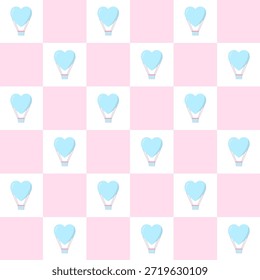Happy Valentine's Day seamless pattern.Checker board with heart shaped hot air balloon in pastel blue and pink.Cute vector graphic illustration wallpaper.