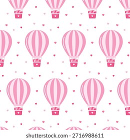 Feliz día de San Valentín sin patrón. Lindo globo de aire caliente y corazones en patrón de repetición rosa aislado en el fondo blanco. Fondo de pantalla de ilustración gráfica de Vector.