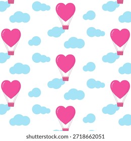 Happy Valentine's Day nahtloses Muster.Netter herzförmiger Heißluftballon in rosa und blauen Wolken Wiederholungsmuster einzeln auf weißem Hintergrund.Vektorgrafik-Illustration Tapete.