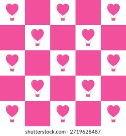 Feliz Dia dos Namorados sem costura pattern.Pink corações em quadrado repete pattern.Checker placa com balão de ar quente em papel de parede ilustração gráfica vetor rosa e branco.