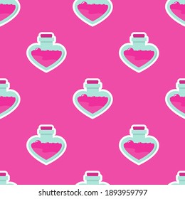 Happy Valentine's day seamless pattern.Test tube love fluid reaction laboratory bottle science romantic love theme. Heart shape. Love chemistry, elixir, potion seamless background.