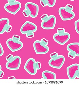 Happy Valentine's day seamless pattern.Test tube love fluid reaction laboratory bottle science romantic love theme. Heart shape. Love chemistry, elixir, potion seamless background.