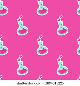 Happy Valentine's day seamless pattern.Test tube love fluid reaction laboratory bottle science romantic love theme. Heart shape. Love chemistry, elixir, potion seamless background.