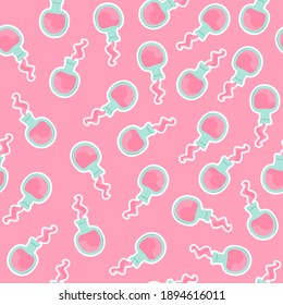 Happy Valentine's day seamless pattern.Test tube love fluid reaction laboratory bottle science romantic love theme. Heart shape. Love chemistry, elixir, potion seamless background.