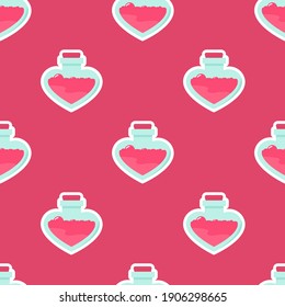 Happy Valentine's day seamless pattern.Test tube love fluid reaction laboratory bottle science romantic love theme. Heart shape. Love chemistry, elixir, potion seamless background.
