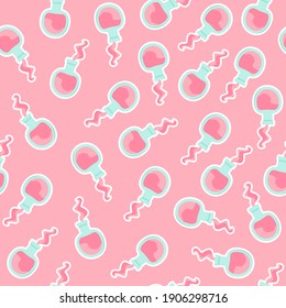 Happy Valentine's day seamless pattern.Test tube love fluid reaction laboratory bottle science romantic love theme. Heart shape. Love chemistry, elixir, potion seamless background.