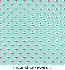 Happy Valentine's day seamless pattern.Test tube love fluid reaction laboratory bottle science romantic love theme. Heart shape. Love chemistry, elixir, potion seamless background.