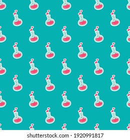 Happy Valentine's day seamless pattern.Test tube love fluid reaction laboratory bottle science romantic love theme. Heart shape. Love chemistry, elixir, potion seamless background.