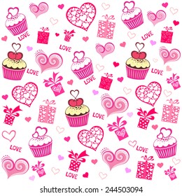 Happy Valentine's day!  Seamless valentine pattern with cupcake, gift box and hearts. Vector Illustration