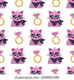 Happy Valentines Day seamless vector pattern. Cute girl cat in stylish heart-shaped sunglasses, wedding ring. Pink kitten in a neckerchief, bright jewel with diamond. Flat cartoon background for print