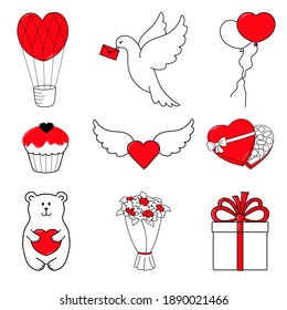 Happy Valentine's Day. Set of 9 nice hand drawn elements painted in red. Vector icons isolated on white background.