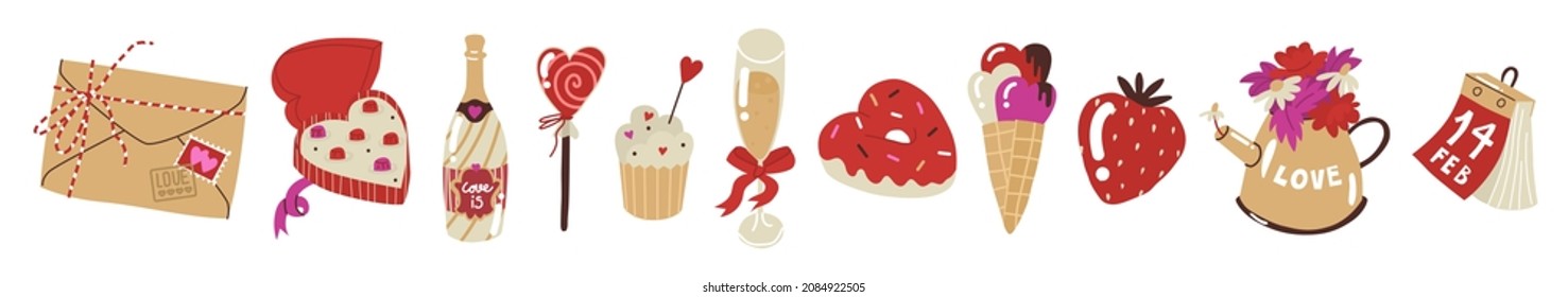 Happy Valentines Day. Set with All lovers Day decoration element. Chocolate, champagne, cupcake, donut, ice cream, strawberry, Lollipop. Colored Flat style in vector illustration. Isolated elements. 