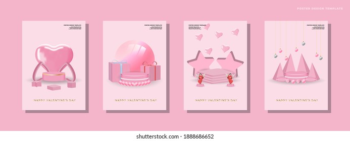 Happy valentines day set background. 3d composition. Realistic stage, podium and sale studio. Modern creative holiday template. Banner, poster, cover, flyer, web, mockup, brochure.