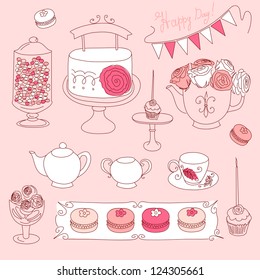 Happy Valentines Day set with bunting, cup cakes, roses, cake, tea, candles and macaroons