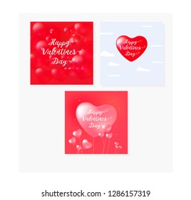 Happy Valentine's Day set cards with calligraphy text and red baloon hearts. Vector illustration