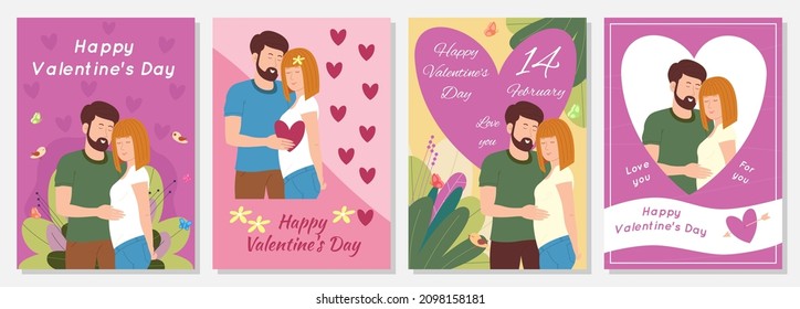 Happy Valentine's Day set of cards, posters, postcards with the image of a happy romantic couple in love in A4 format.